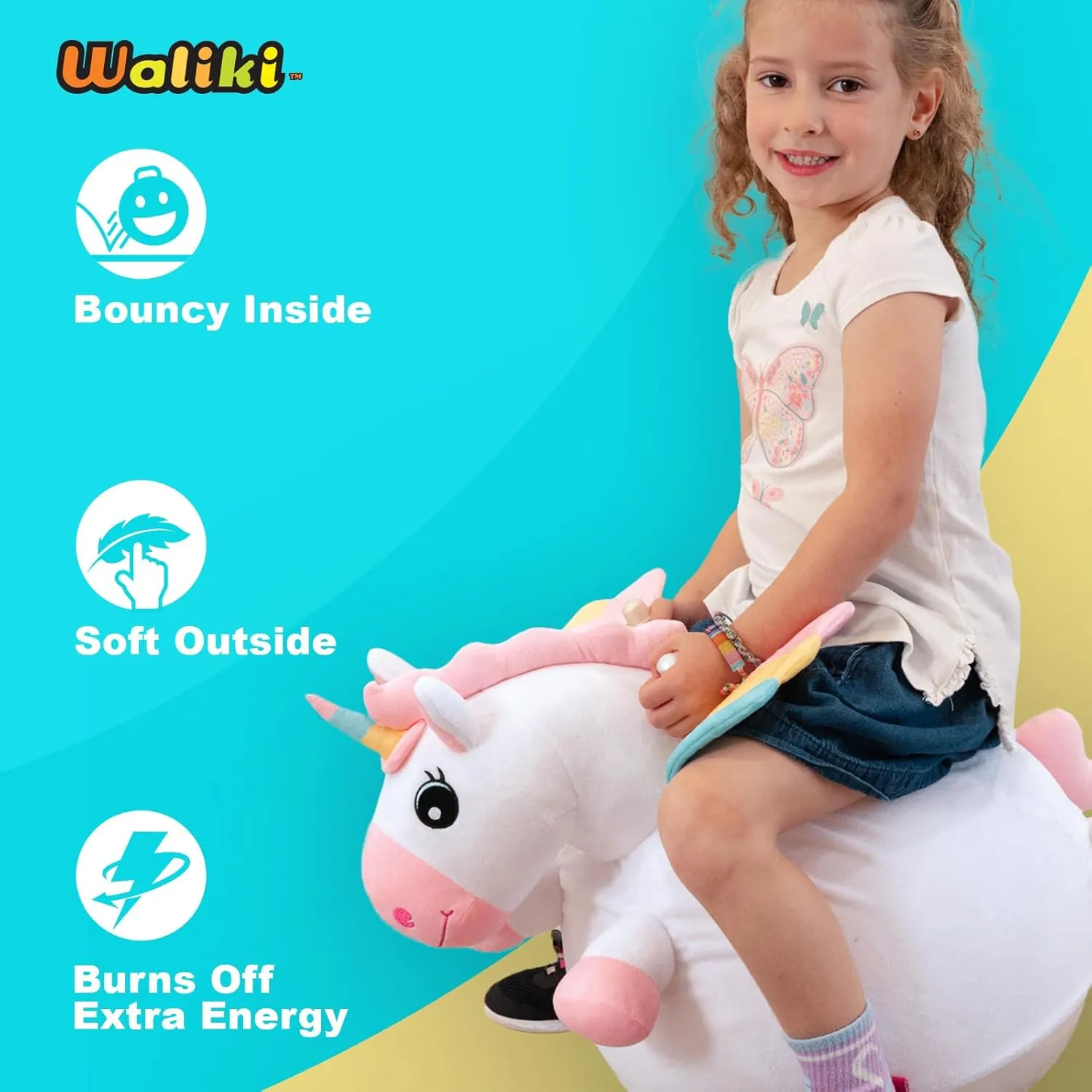 WALIKI Unicorn Hopper Ball | Deluxe Version of The Classic Hop Ball | Inflatable Jumping Ball with Handles for Kids Ages 3, 4, and 5 | Fun Sit & Bounce Ride-On Toy