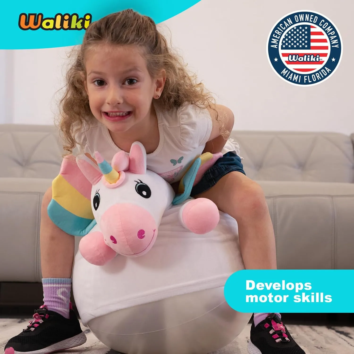 WALIKI Unicorn Hopper Ball | Deluxe Version of The Classic Hop Ball | Inflatable Jumping Ball with Handles for Kids Ages 3, 4, and 5 | Fun Sit & Bounce Ride-On Toy