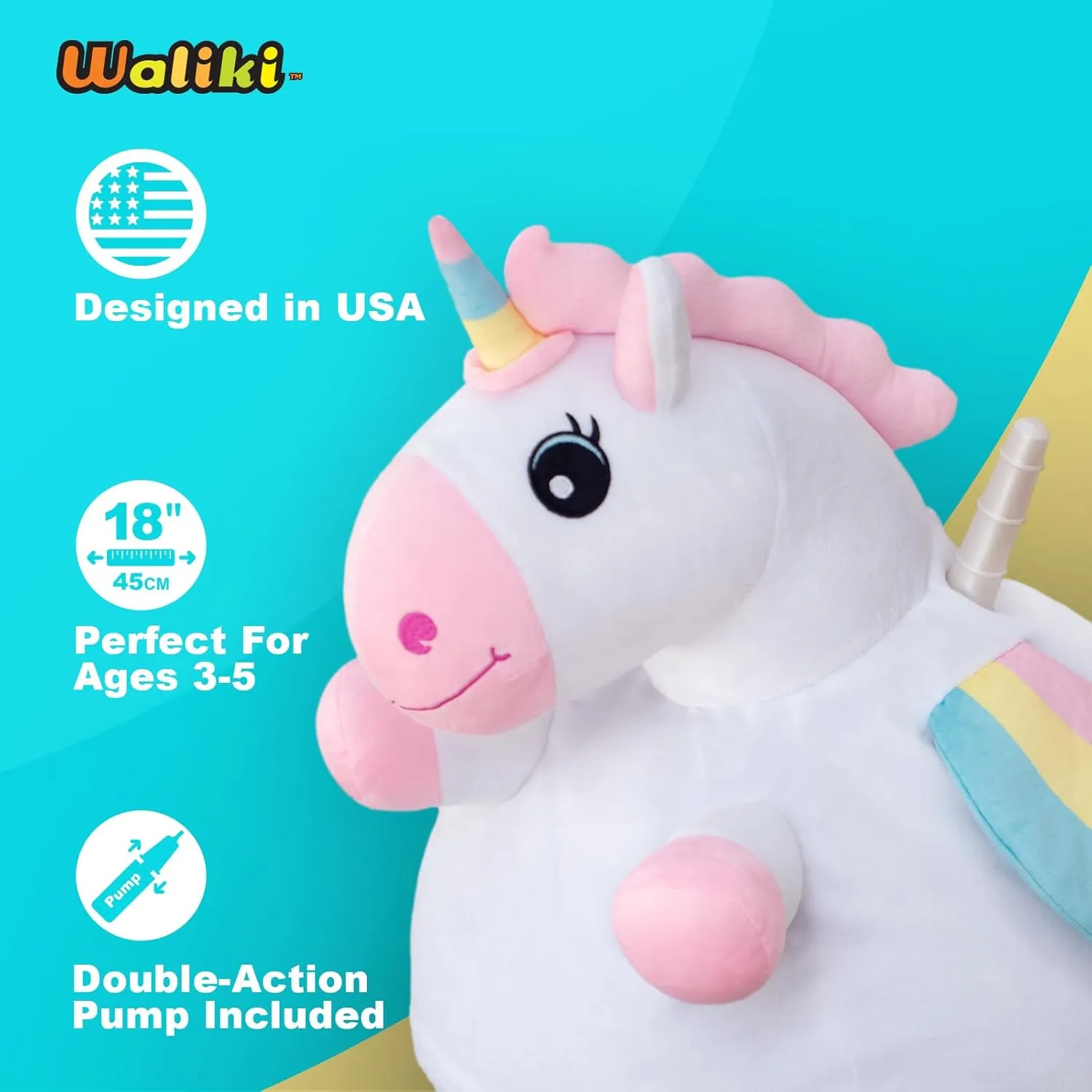 WALIKI Unicorn Hopper Ball | Deluxe Version of The Classic Hop Ball | Inflatable Jumping Ball with Handles for Kids Ages 3, 4, and 5 | Fun Sit & Bounce Ride-On Toy