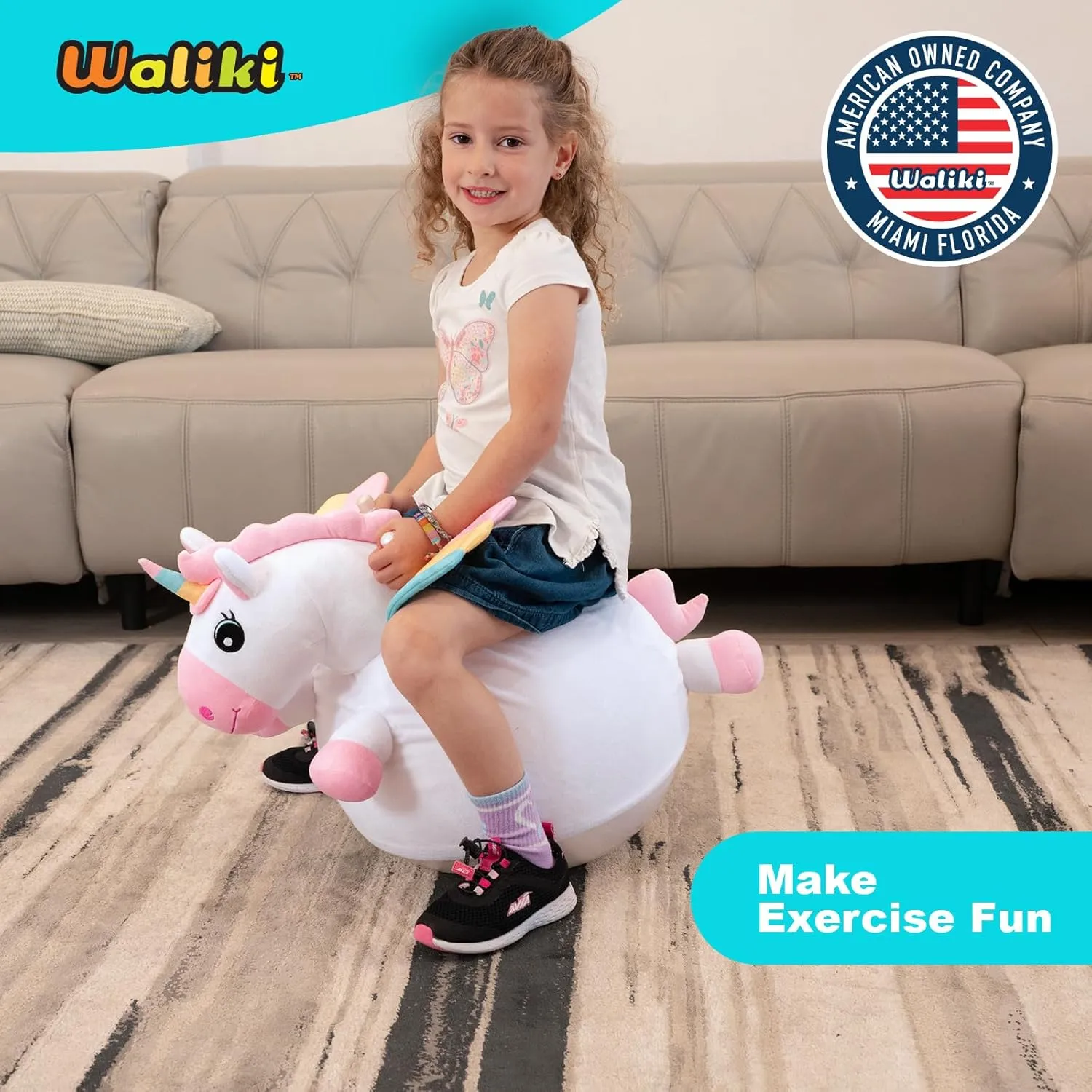 WALIKI Unicorn Hopper Ball | Deluxe Version of The Classic Hop Ball | Inflatable Jumping Ball with Handles for Kids Ages 3, 4, and 5 | Fun Sit & Bounce Ride-On Toy