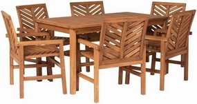 Walker Edison 6 Person Outdoor Wood Chevron Patio Furniture Dining Set Table Chairs All Weather Backyard Conversation Garden Poolside Balcony, 7 Piece, Brown