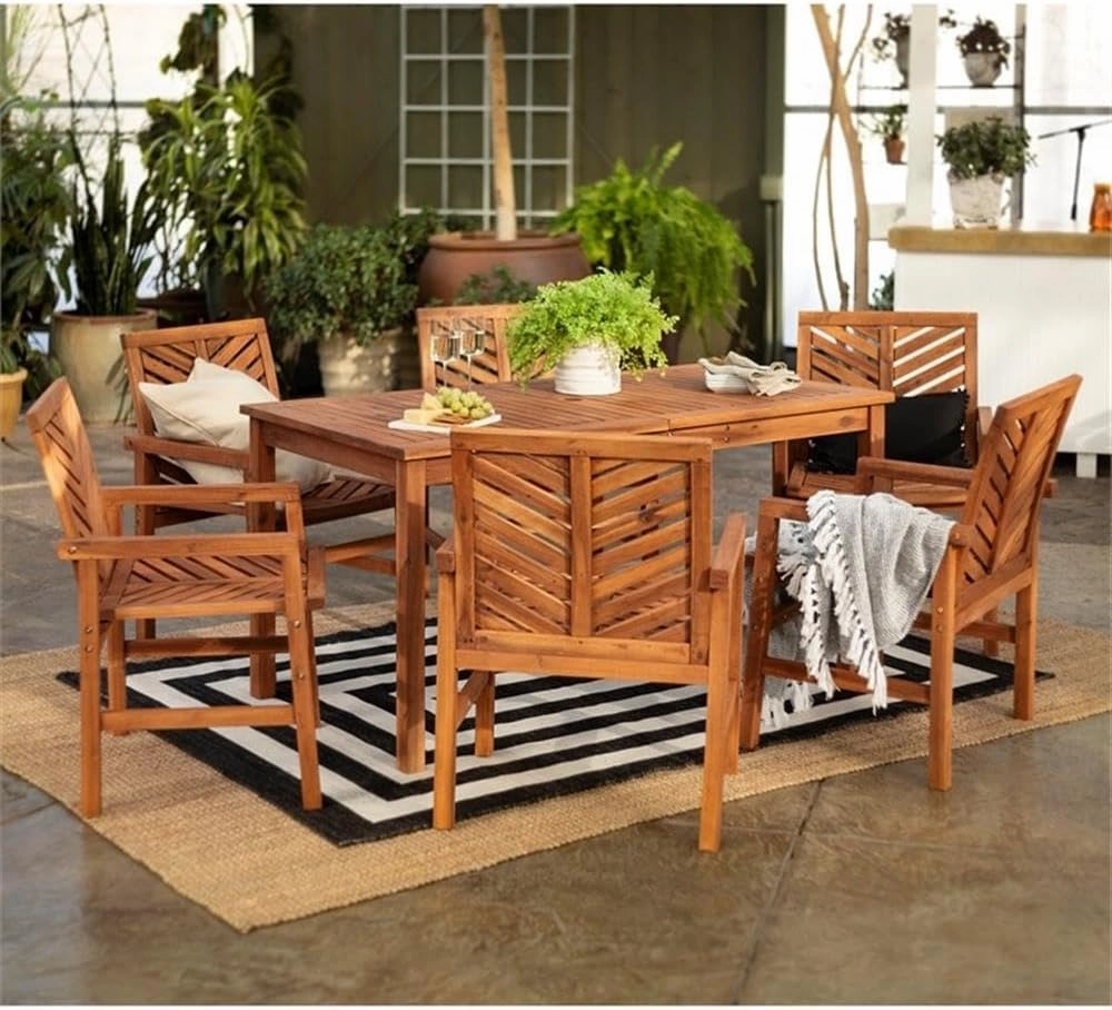 Walker Edison 6 Person Outdoor Wood Chevron Patio Furniture Dining Set Table Chairs All Weather Backyard Conversation Garden Poolside Balcony, 7 Piece, Brown