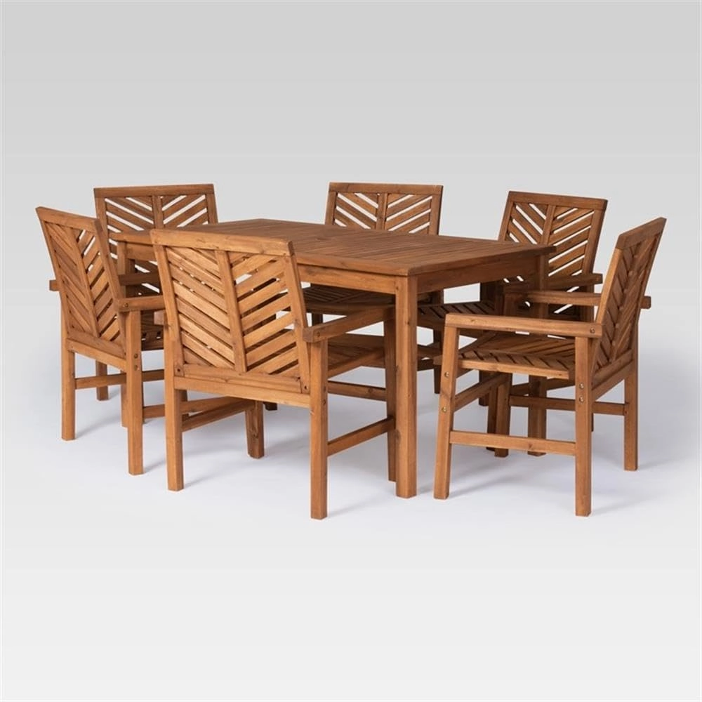 Walker Edison 6 Person Outdoor Wood Chevron Patio Furniture Dining Set Table Chairs All Weather Backyard Conversation Garden Poolside Balcony, 7 Piece, Brown