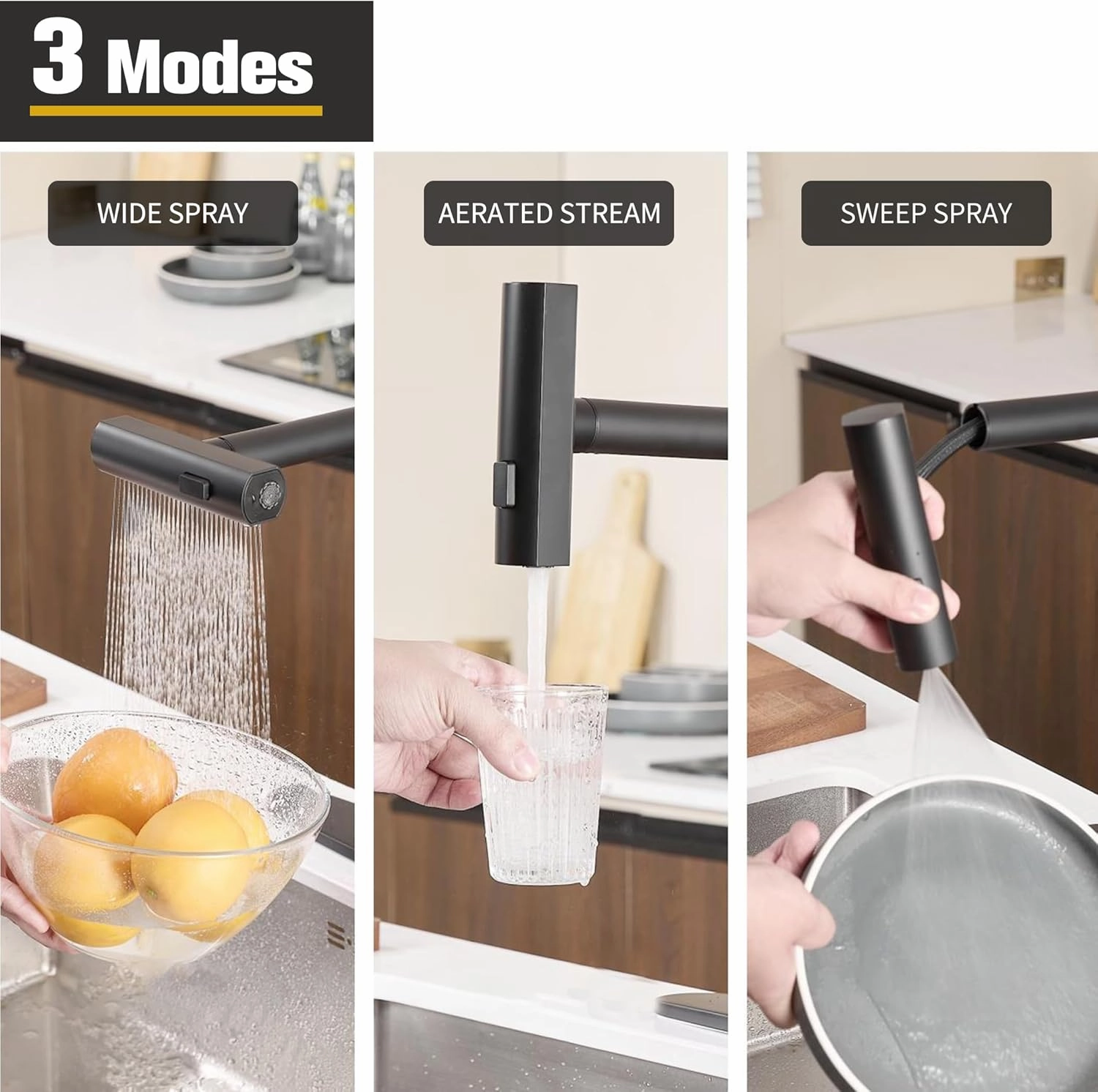 Waterfall Kitchen Sink Faucet with Pull Down Sprayer, 3 Modes(Sweep/Stream/Waterfall) Rotary Switch Stainless Steel Commercial Modern Faucet for Kitchen Sink Single Handle Black Sink Fuacet