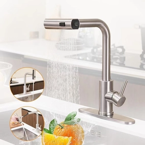 Waterfall Kitchen Sink Faucet with Pull Down Sprayer, 3 Modes(Sweep/Stream/Waterfall) Rotary Switch Stainless Steel Commercial Modern Faucet for Kitchen Sink Single Handle Brushed Nickel Sink Fuacet
