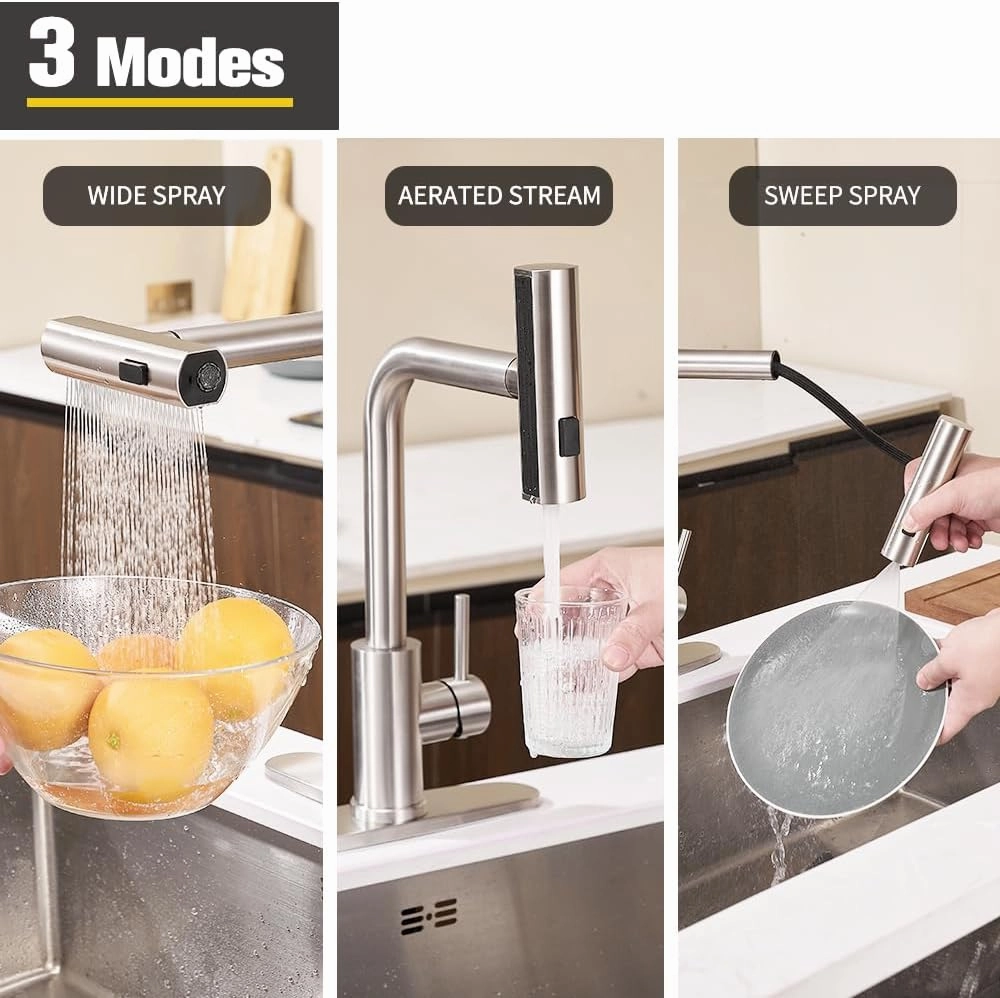 Waterfall Kitchen Sink Faucet with Pull Down Sprayer, 3 Modes(Sweep/Stream/Waterfall) Rotary Switch Stainless Steel Commercial Modern Faucet for Kitchen Sink Single Handle Brushed Nickel Sink Fuacet