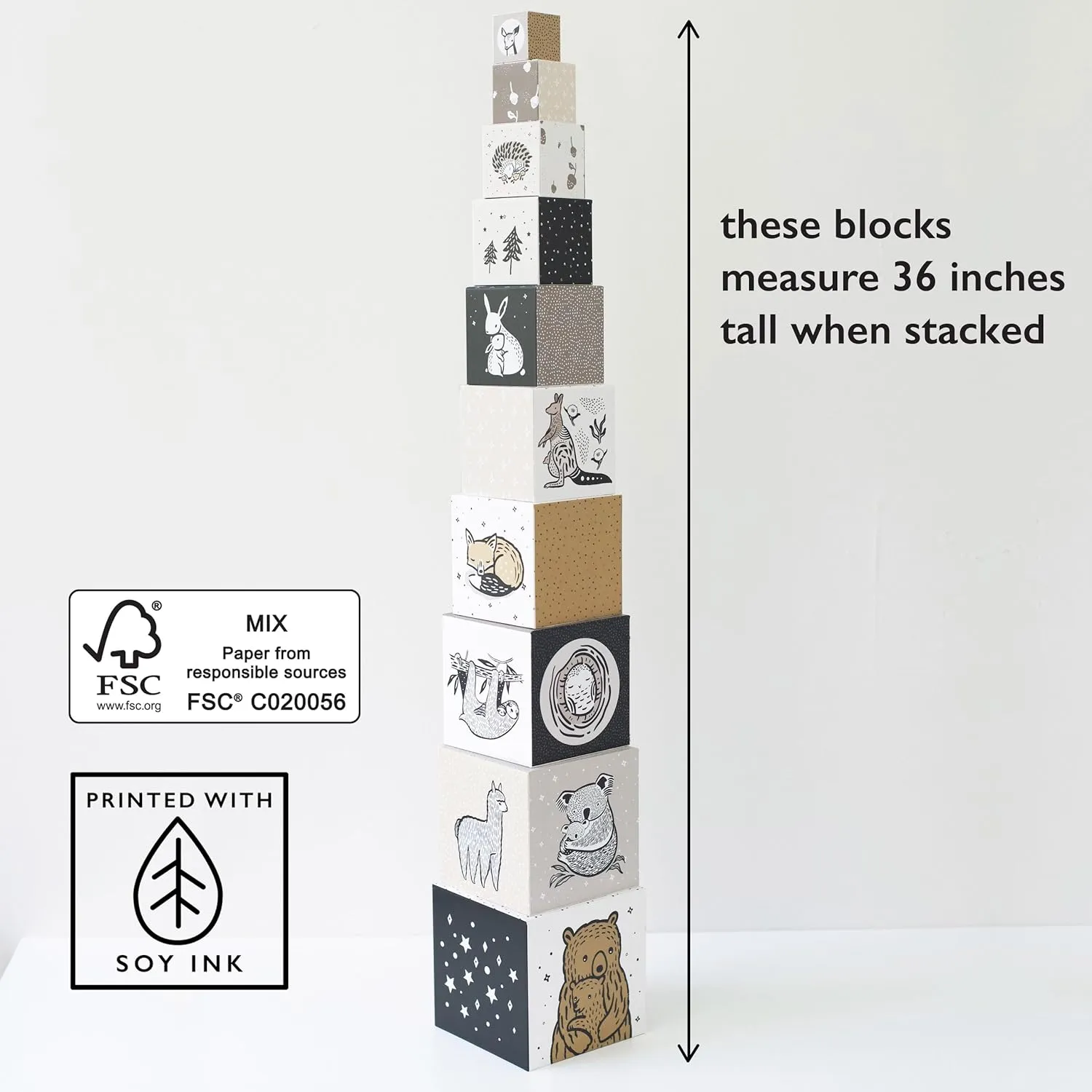 Wee Gallery Nesting Blocks - Featuring Baby Animal Images and Numbers - Black and White Stacking and Building Toy for Toddlers and Kids - Motor Skills, Creative Play for Children (Ages 2 and up)