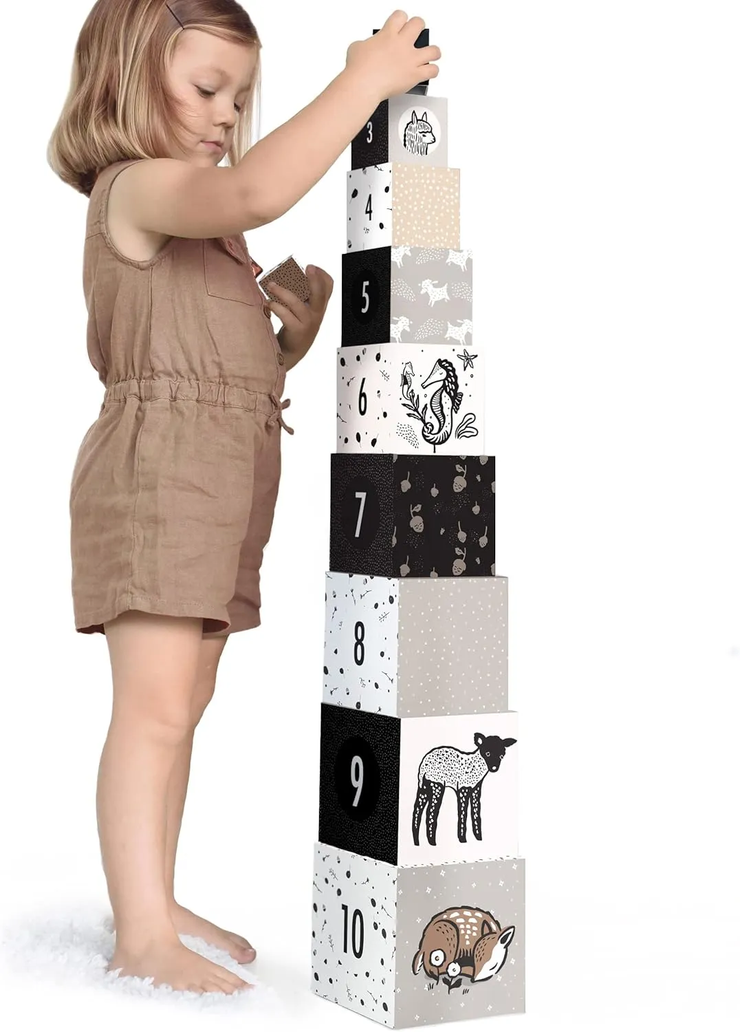 Wee Gallery Nesting Blocks - Featuring Baby Animal Images and Numbers - Black and White Stacking and Building Toy for Toddlers and Kids - Motor Skills, Creative Play for Children (Ages 2 and up)