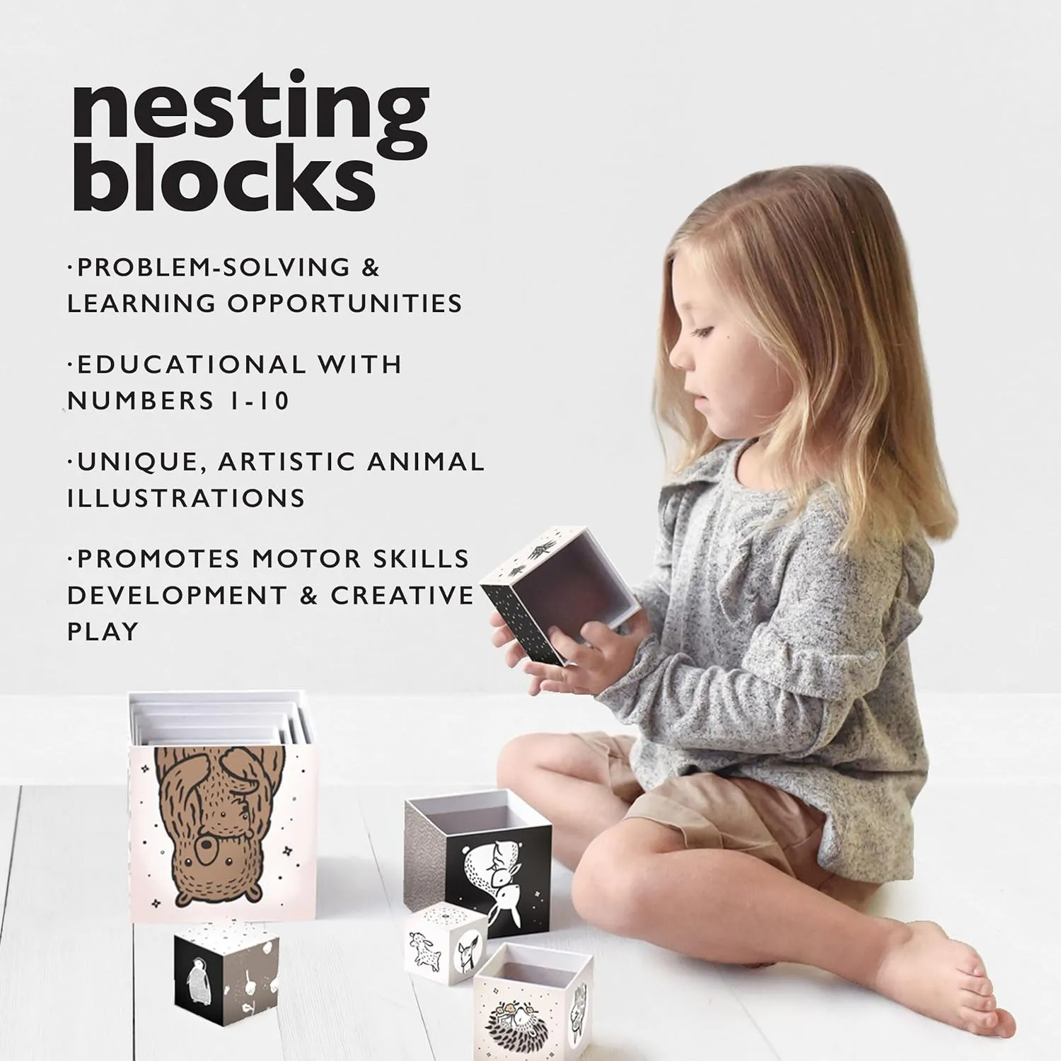 Wee Gallery Nesting Blocks - Featuring Baby Animal Images and Numbers - Black and White Stacking and Building Toy for Toddlers and Kids - Motor Skills, Creative Play for Children (Ages 2 and up)