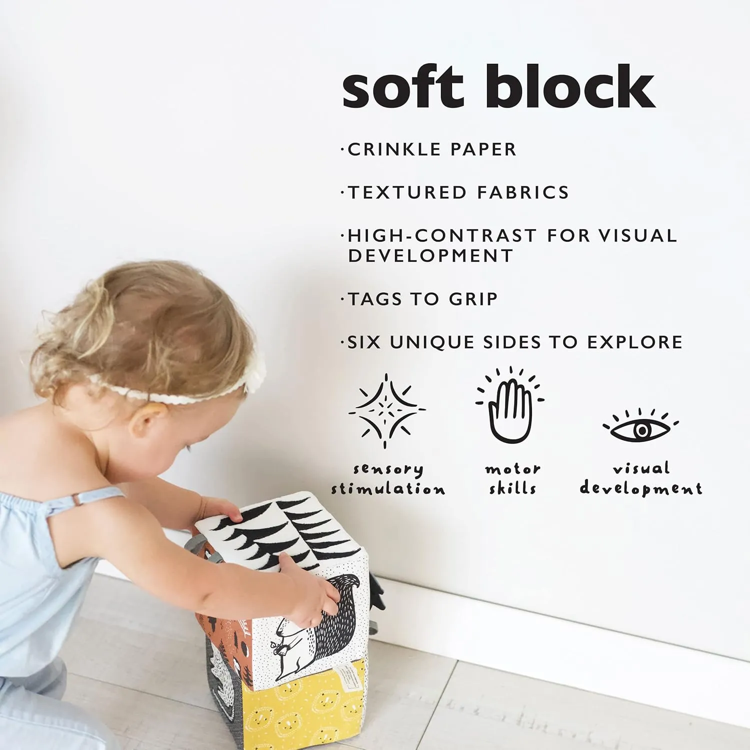 Wee Gallery Soft Block, Baby Sensory Toy with High-Contrast Graphics, Organic Soft Fabric Soft Blocks, Crinkle Flap and Textures, Tummy Time Activity for Babies and Toddlers - Woodland