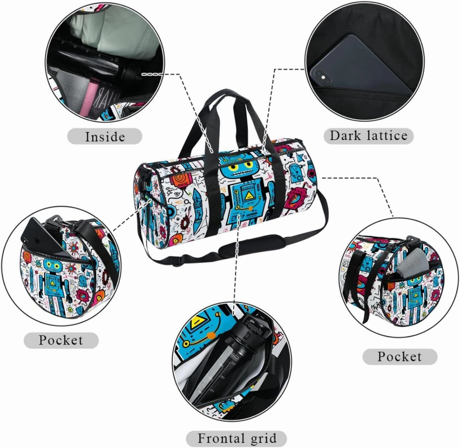 Weekender Travel Bag,Small Gym Bag,Science and Funny Robots,Gym Duffle Bag