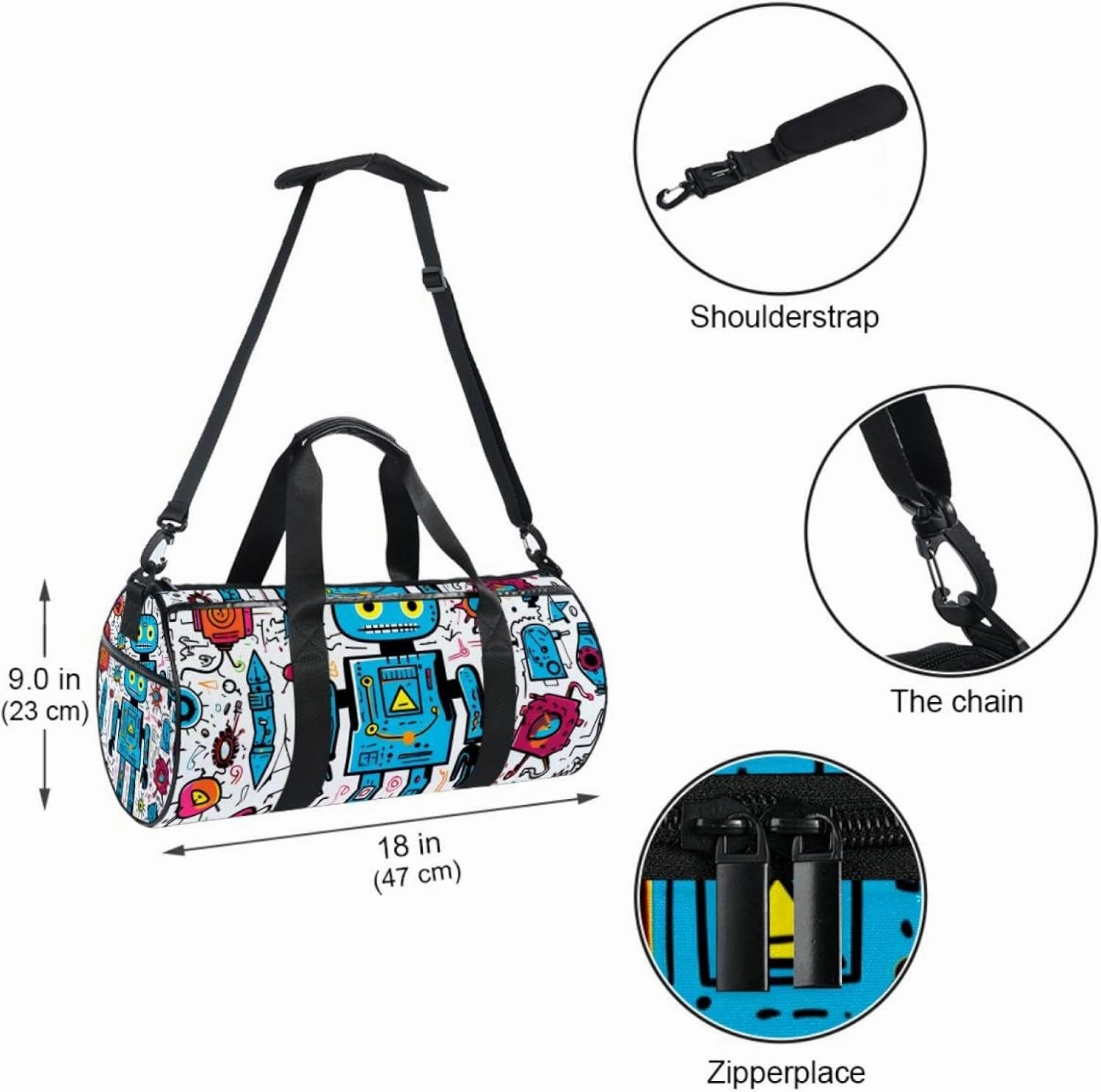 Weekender Travel Bag,Small Gym Bag,Science and Funny Robots,Gym Duffle Bag