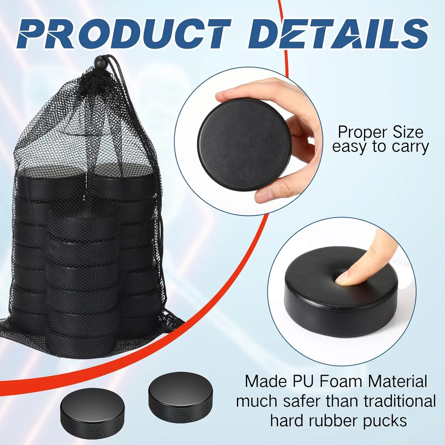 Wettarn 3" Sport Foam Ice Hockey Pucks Mini Indoor Knee Hockey Pucks with Mesh Bag for Kids Adults Practicing and Classic Training, Safe Official Regulation Size