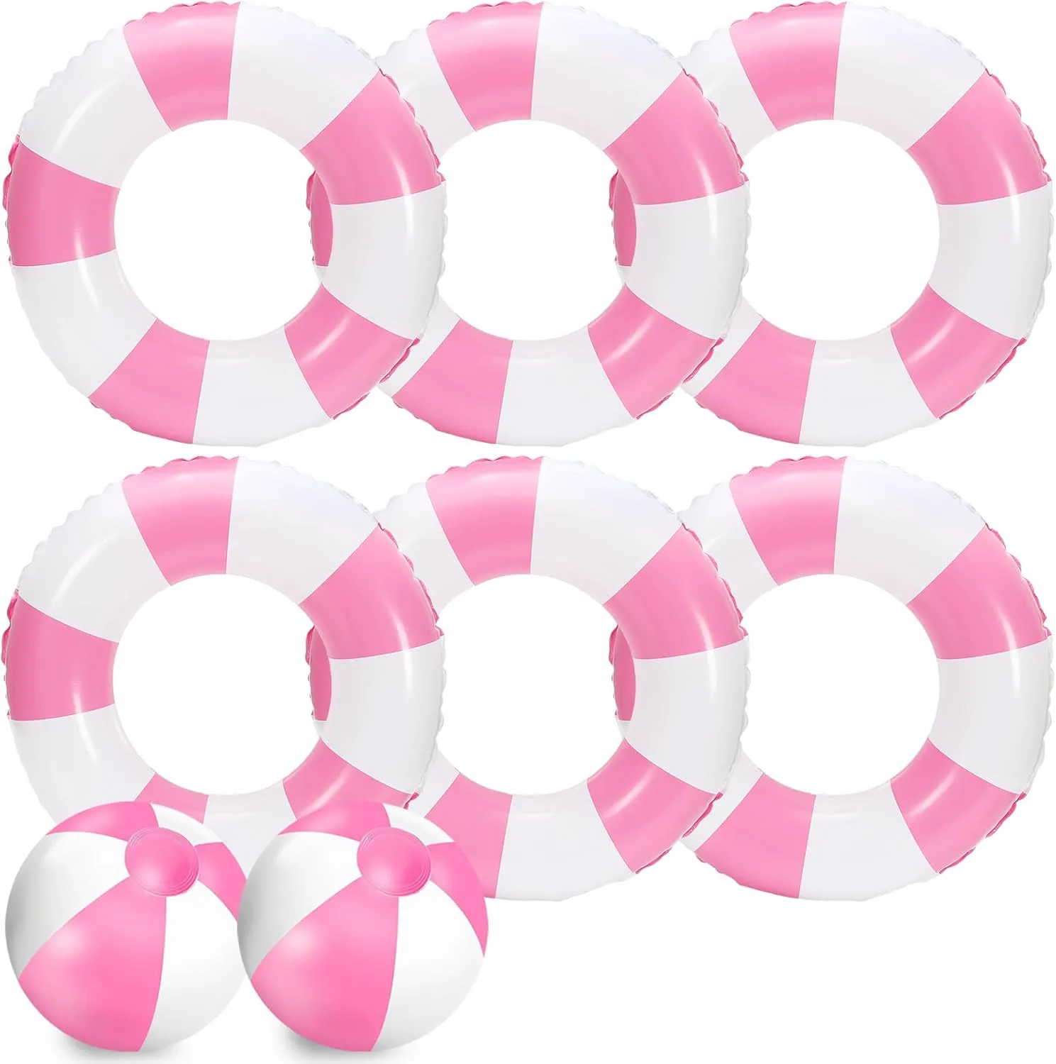 Whaline 8Pcs White Pink Inflatable Swimming Float Toy Set Striped 22.8 in Swim Ring 9 in Beach Ball Fun Print Pool Tube Pool Ball for Teen Boy Girl Summer Swimming Beach Party