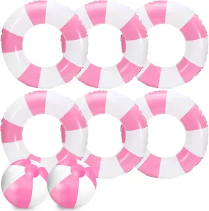 Whaline 8Pcs White Pink Inflatable Swimming Float Toy Set Striped 22.8 in Swim Ring 9 in Beach Ball Fun Print Pool Tube Pool Ball for Teen Boy Girl Summer Swimming Beach Party