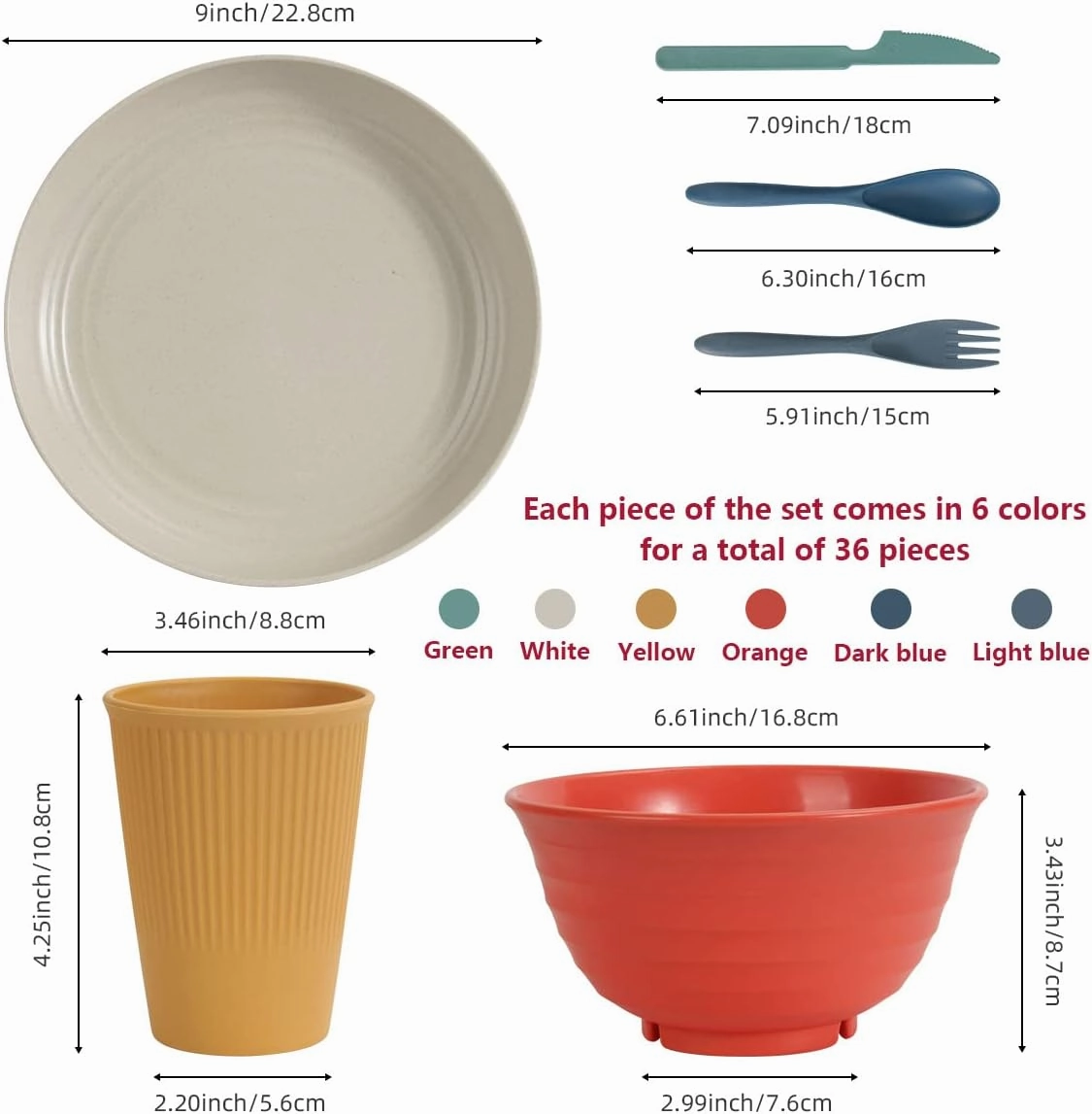 Wheat Straw Dinnerware Sets - SGAOFIEE 36 Piece Unbreakable Dinnerware Sets, Reusable Wheat Straw Plates and Bowls Sets, Travel Camping Cutlery Set, Dishwasher Microwave Safe Dinnerware Colourful