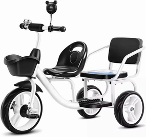 White,Style 1, Twin Tandem Tricycle for Children,Two-Seater Pedal Bicycle,with Spacious Rear Soft Seats/Removable Rear Push Handle/Enlarged Pedals Balance Bikes