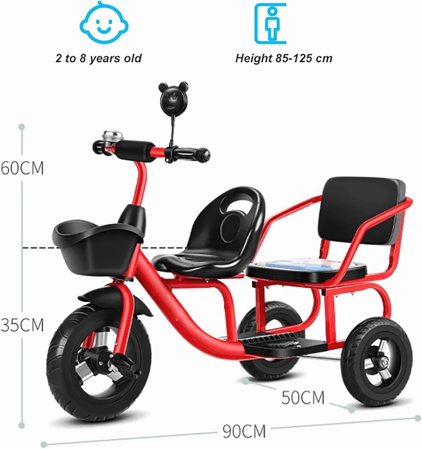 White,Style 1, Twin Tandem Tricycle for Children,Two-Seater Pedal Bicycle,with Spacious Rear Soft Seats/Removable Rear Push Handle/Enlarged Pedals Balance Bikes