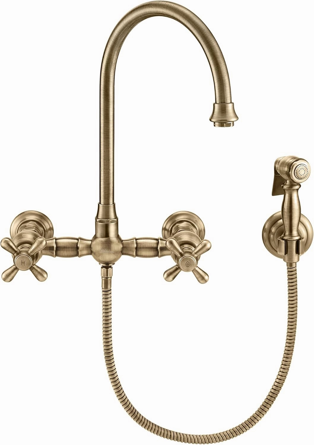 Whitehaus Kitchen Faucet; Brass Construction, Gooseneck, Cross Handles, Side Spray; Antique Brass