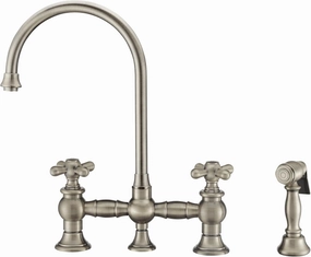 Whitehaus Kitchen Faucet; Brass Construction, Gooseneck, Cross Handles, Side Spray; Brushed Nickel