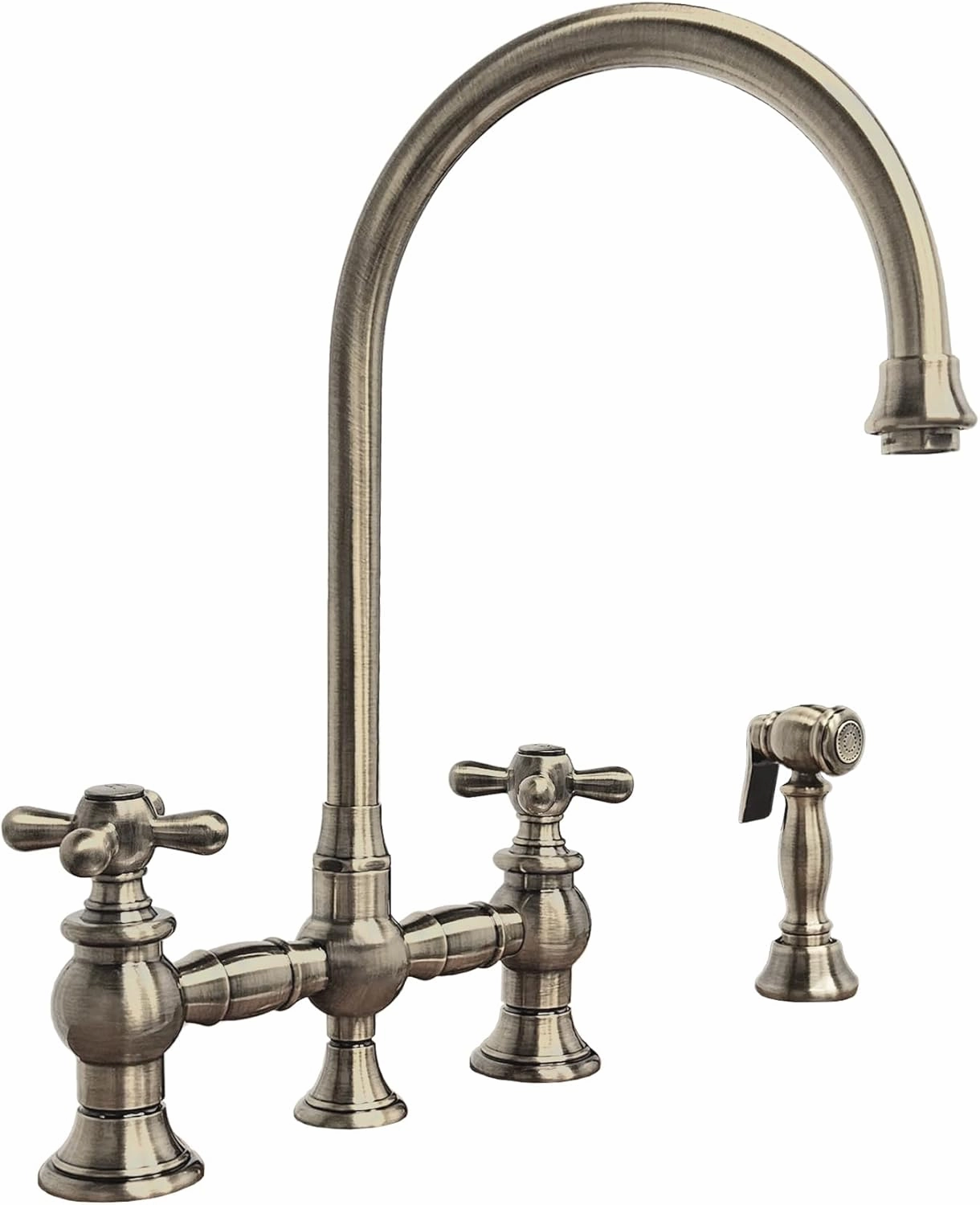 Whitehaus Kitchen Faucet; Brass Construction, Gooseneck, Cross Handles, Side Spray; Brushed Nickel