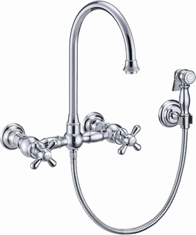 Whitehaus Kitchen Faucet; Brass Construction, Gooseneck, Cross Handles, Side Spray; Polished Chrome