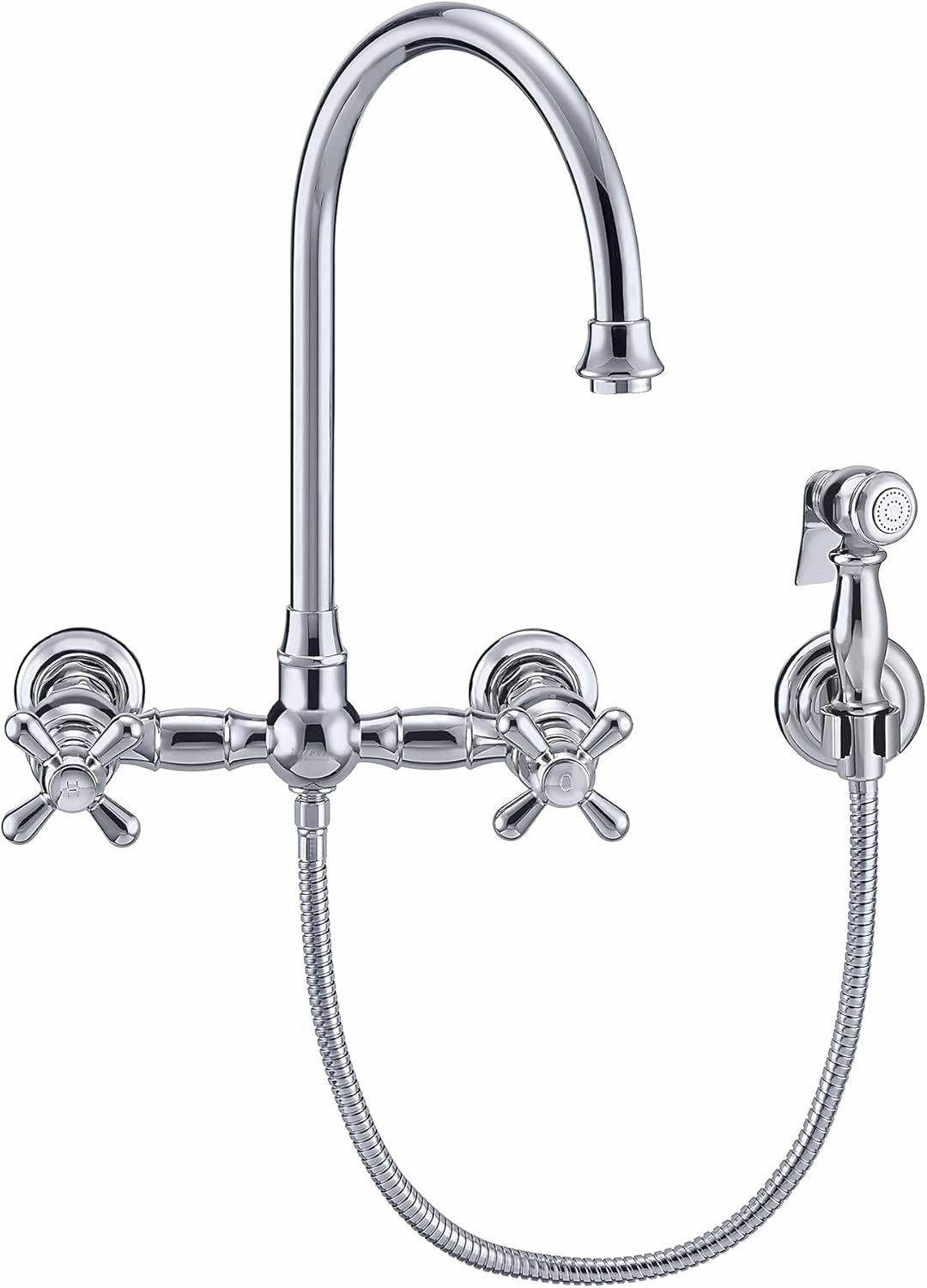 Whitehaus Kitchen Faucet; Brass Construction, Gooseneck, Cross Handles, Side Spray; Polished Chrome