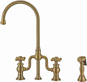Whitehaus Kitchen Faucet; Gooseneck Swivel Spout, Cross Handles, Brass Side Spray; Antique Brass