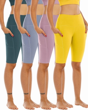 WHOUARE 4 Pack Biker Yoga Shorts with Pockets for Women,High Waisted Athletic Running Workout Gym Shorts Tummy Control