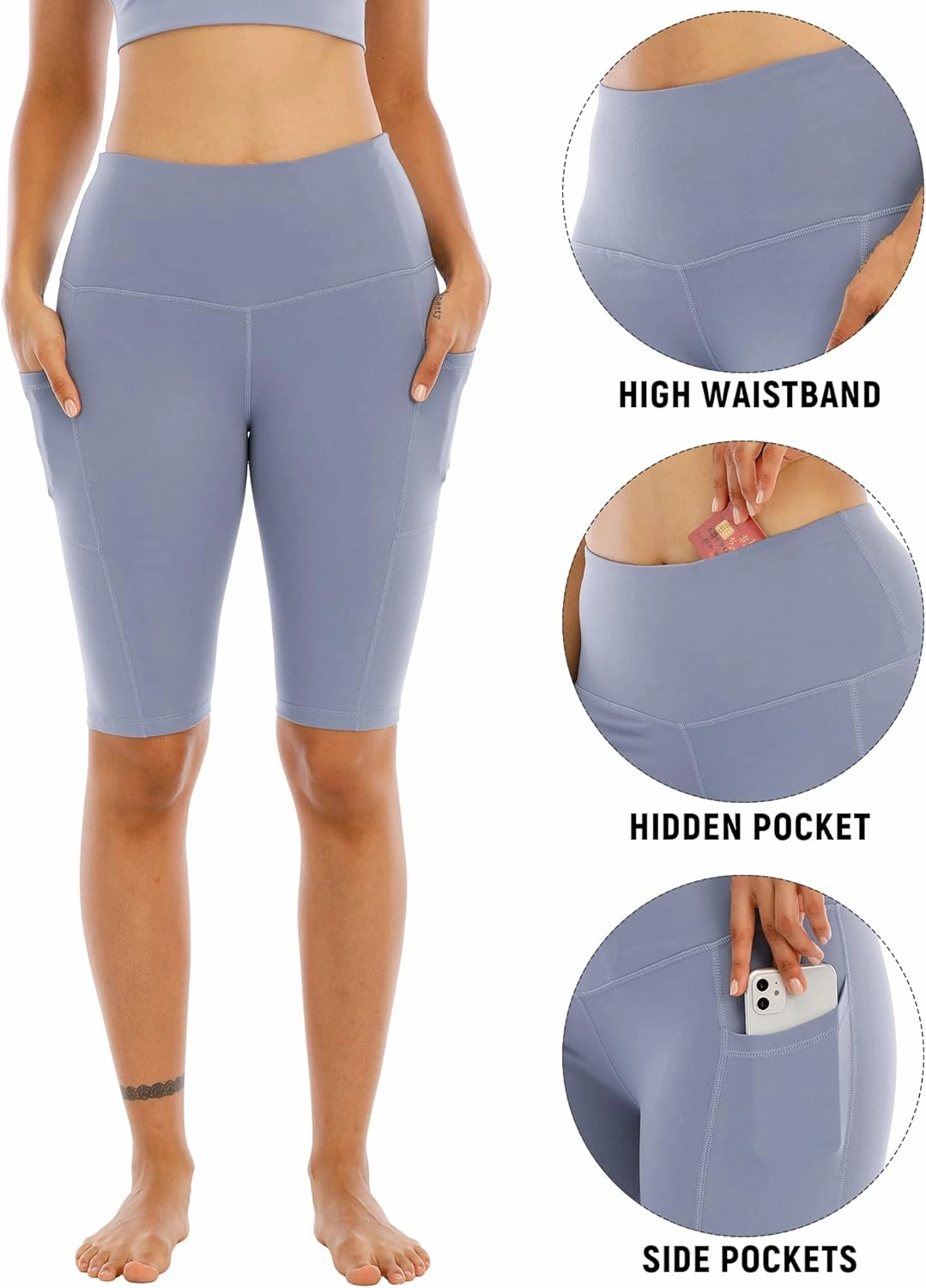 WHOUARE 4 Pack Biker Yoga Shorts with Pockets for Women,High Waisted Athletic Running Workout Gym Shorts Tummy Control