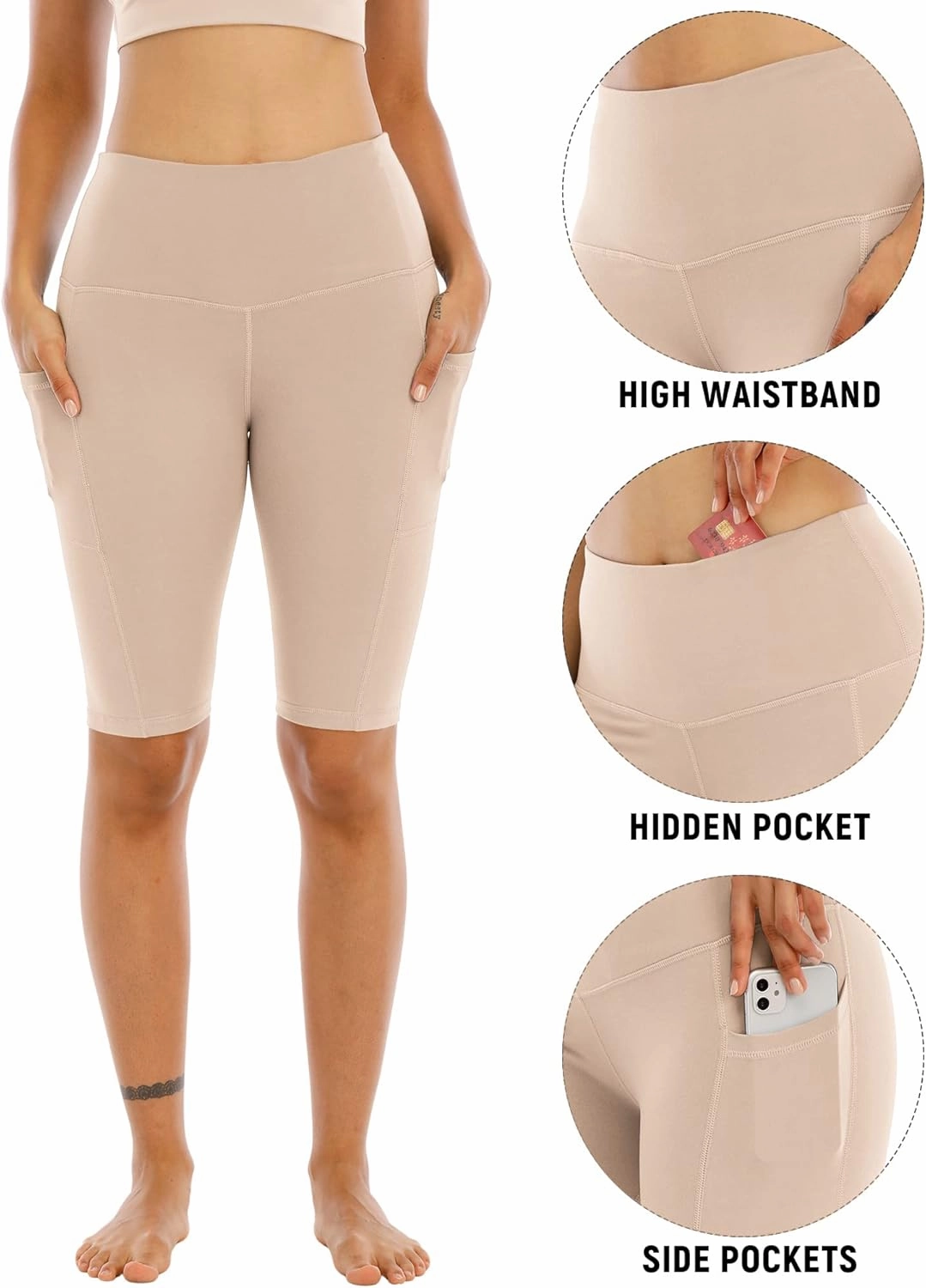WHOUARE 4 Pack Biker Yoga Shorts with Pockets for Women,High Waisted Athletic Running Workout Gym Shorts Tummy Control