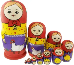 Winterworm Cute Farmer Girl and Chicken Pattern Wooden Handmade Russian Nesting Dolls Matryoshka Dolls Set 10 Pieces for Kids Toy Birthday Home Decoration