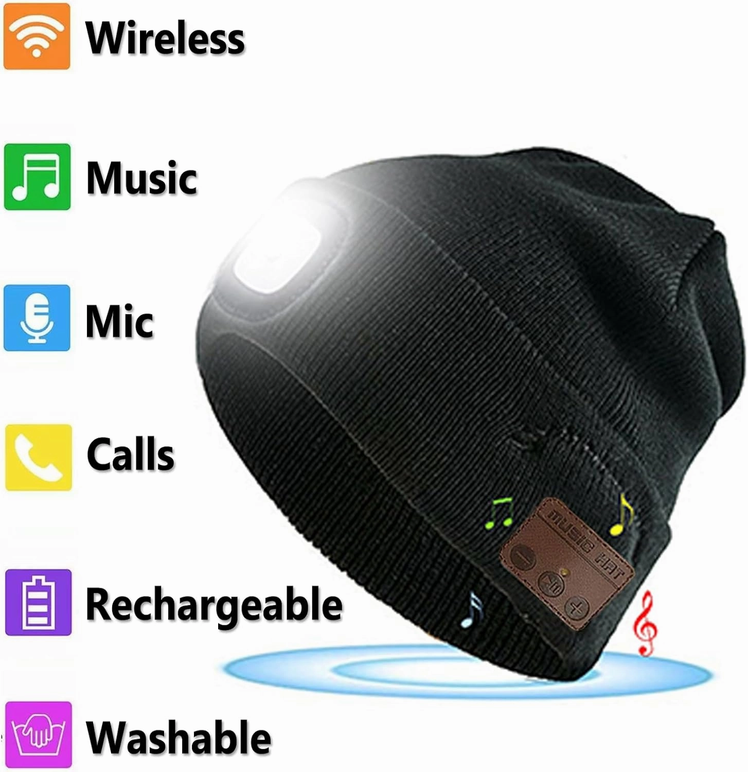 Wireless Music Beanie Hat with Light Unisex Musical Knitted Cap Beanie with Light Built-in Speakers Mic Headphone Beanie Hat Gifts for Men Women Running Camping Fishing