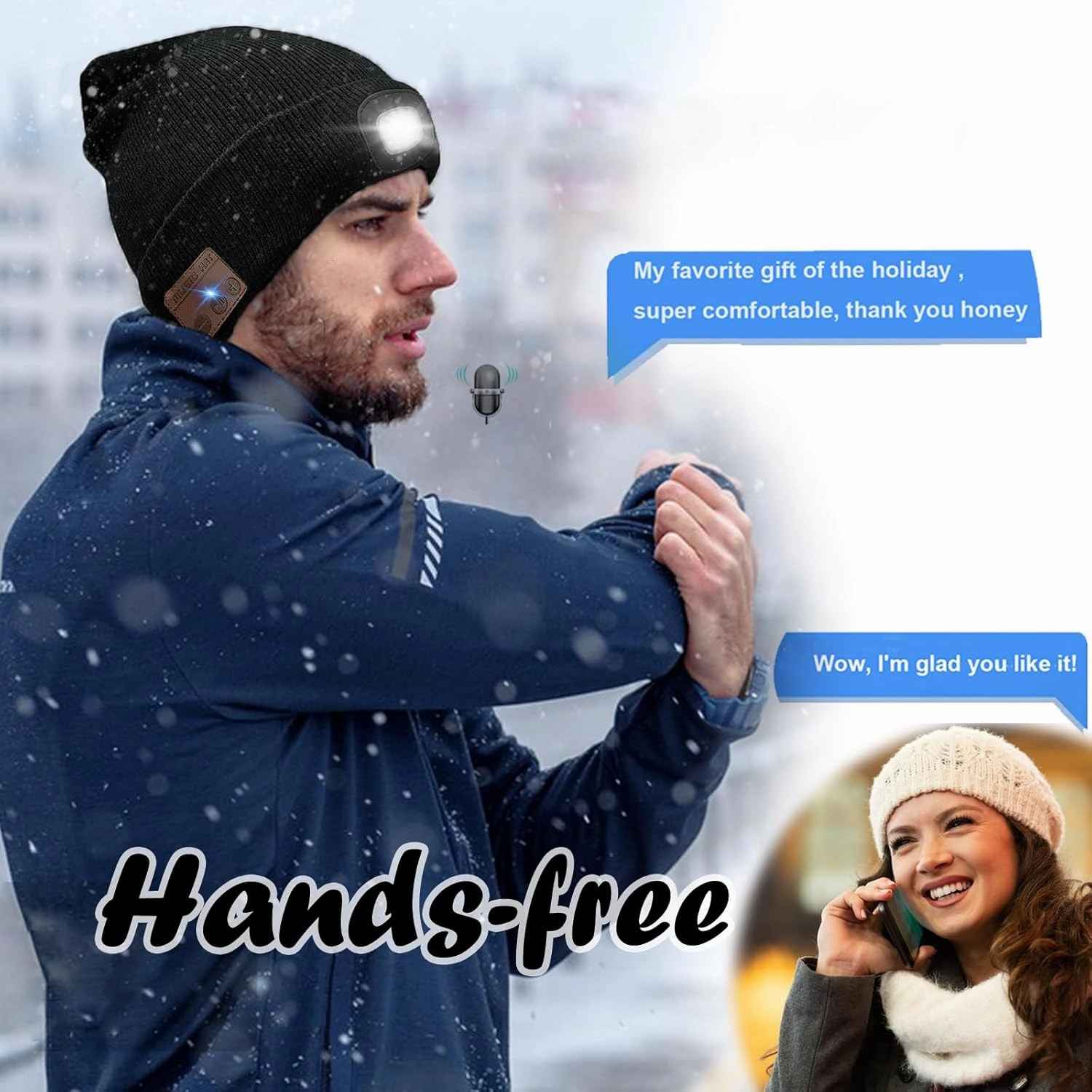 Wireless Music Beanie Hat with Light Unisex Musical Knitted Cap Beanie with Light Built-in Speakers Mic Headphone Beanie Hat Gifts for Men Women Running Camping Fishing