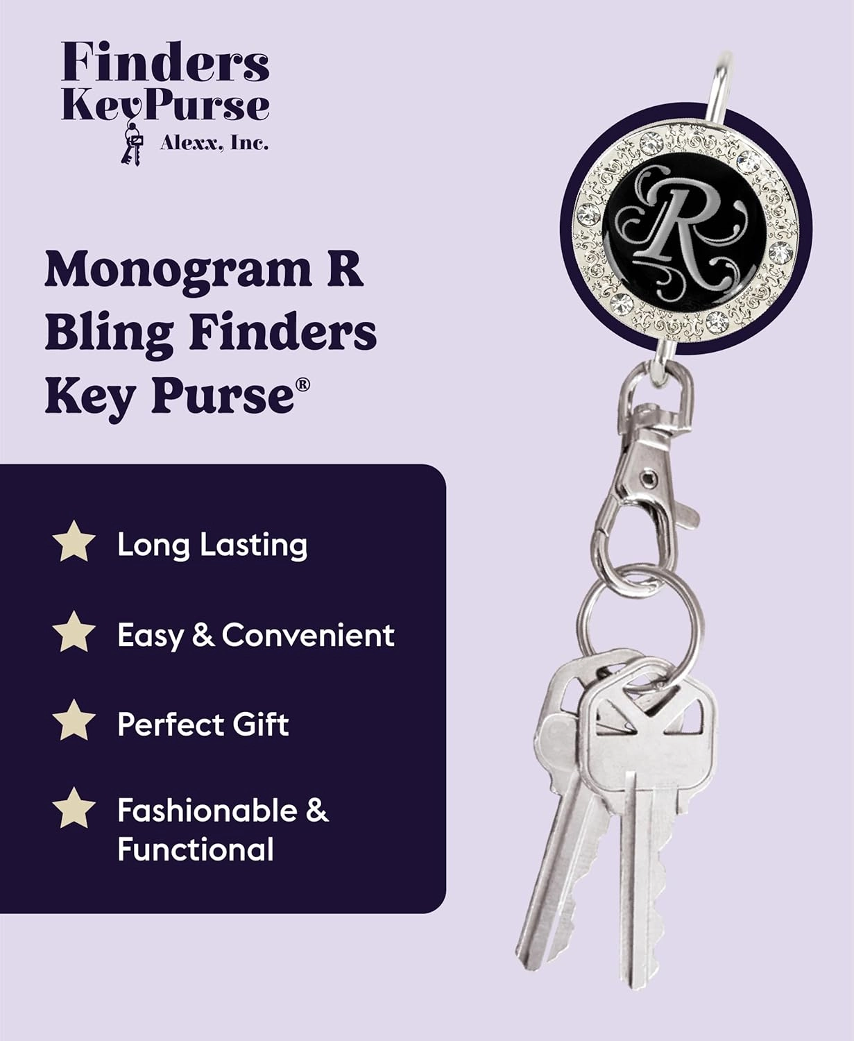 Women’s Bag Charm Key Finder, Car Keychain Hook, Cute Purse Organizer & Tote Bag Accessories, Gifts for Mom - Monogram Letter
