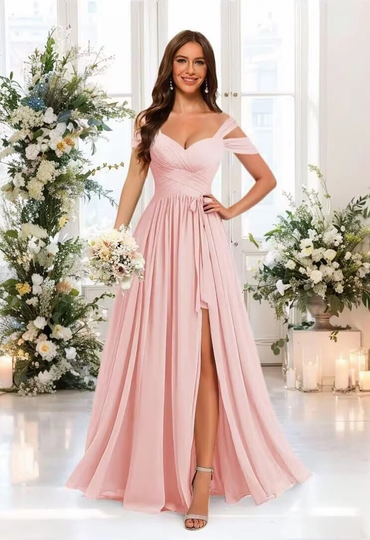 Women’s Chiffon Bridesmaid Dress with Slit Floor Length Off Shoulder Wedding Prom Dresses V-Neck Formal Gowns with Belt RCL03