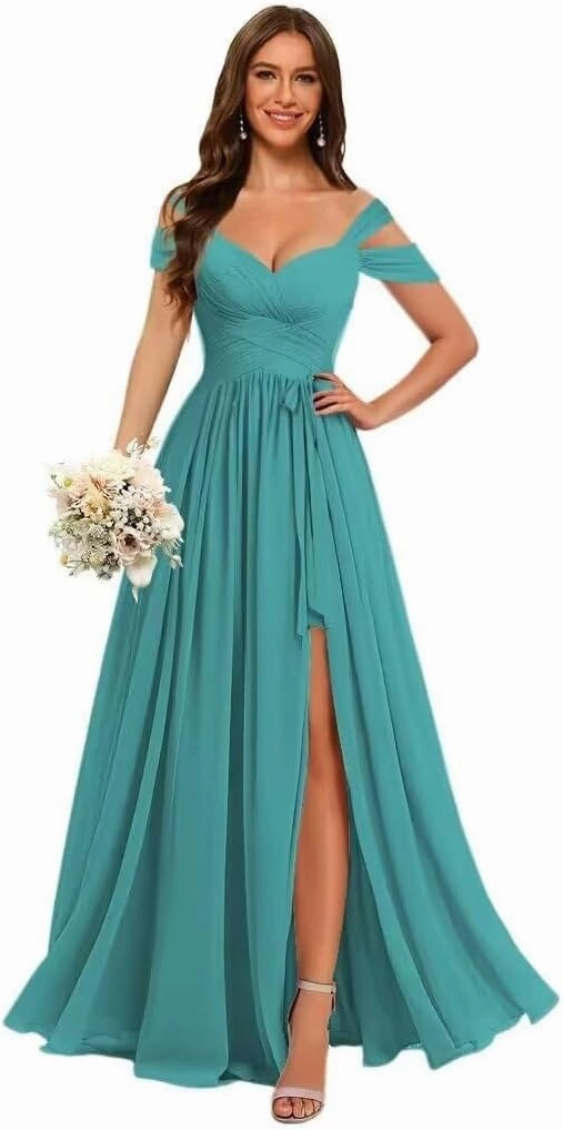 Women’s Chiffon Bridesmaid Dress with Slit Floor Length Off Shoulder Wedding Prom Dresses V-Neck Formal Gowns with Belt RCL03