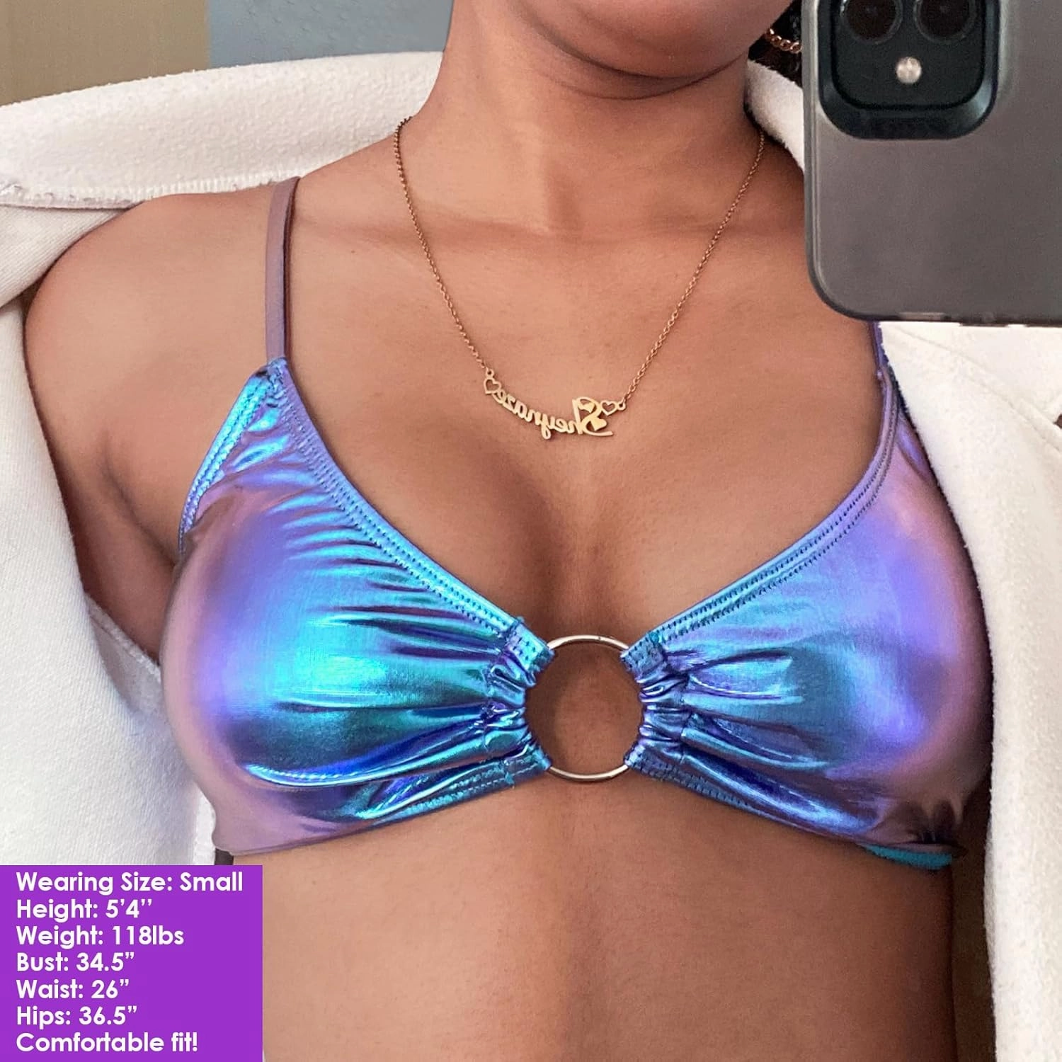 Women's Metallic Bra Tops Shiny Bralette Rave Crop Top with Metal Ring Festival Party Bikini