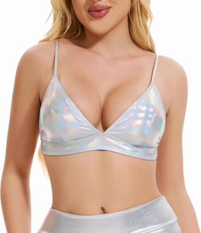 Women's Metallic Crop Tops Shiny Bralette Rave Bra Bikini Swimsuit Top