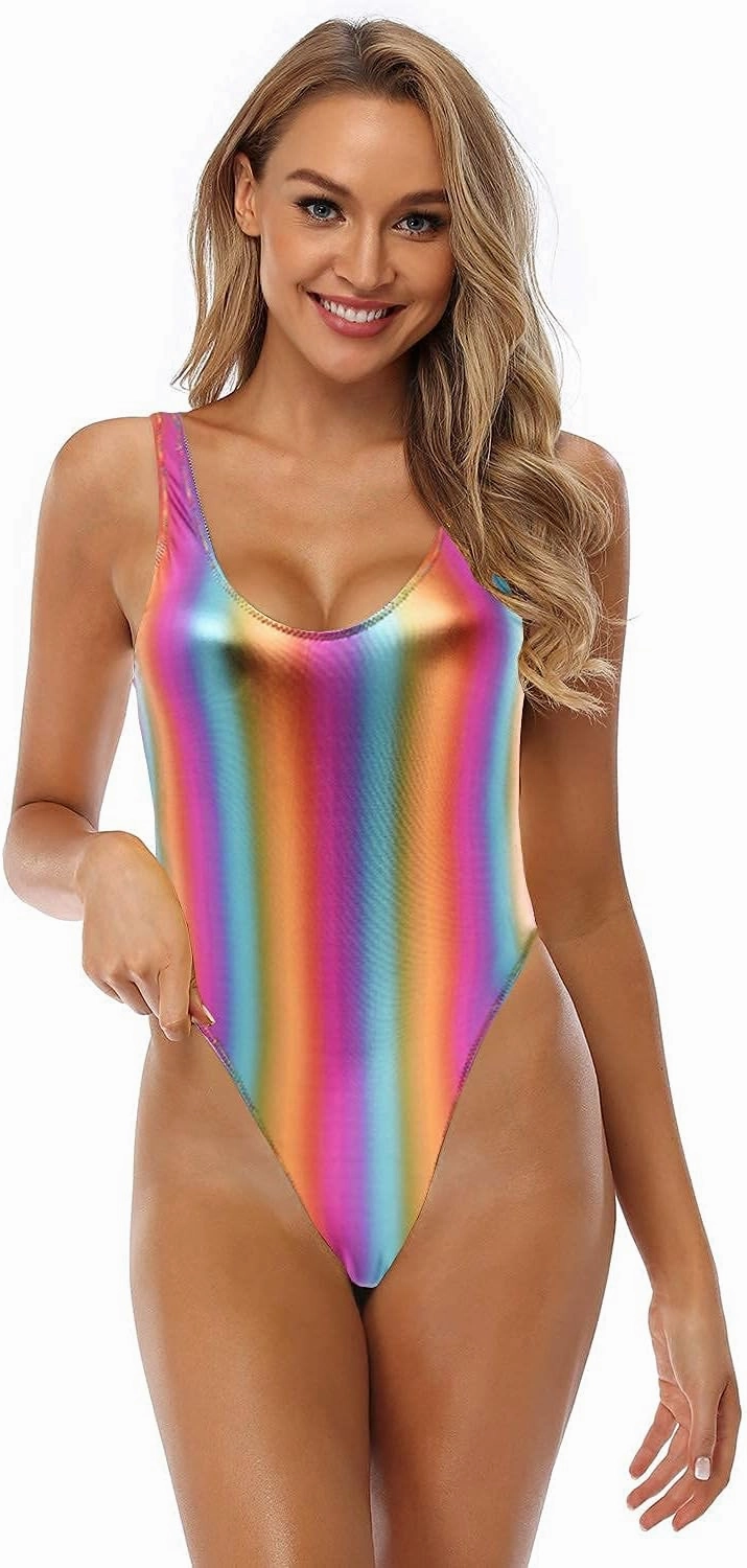 Women's Retro 80s/90s Metallic Shiny Gymnastics Backless High Leg Cut Dance Wear Bodysuit One Piece Swimwear Bathing Suits
