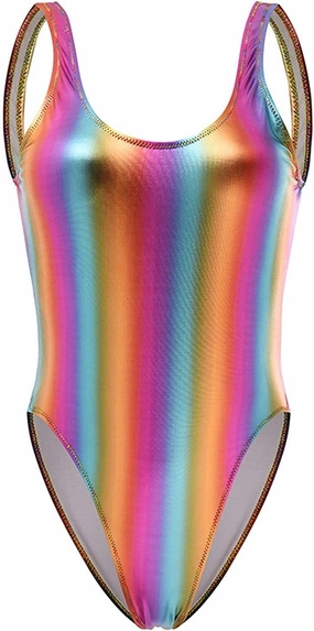 Women's Retro 80s/90s Metallic Shiny Gymnastics Backless High Leg Cut Dance Wear Bodysuit One Piece Swimwear Bathing Suits