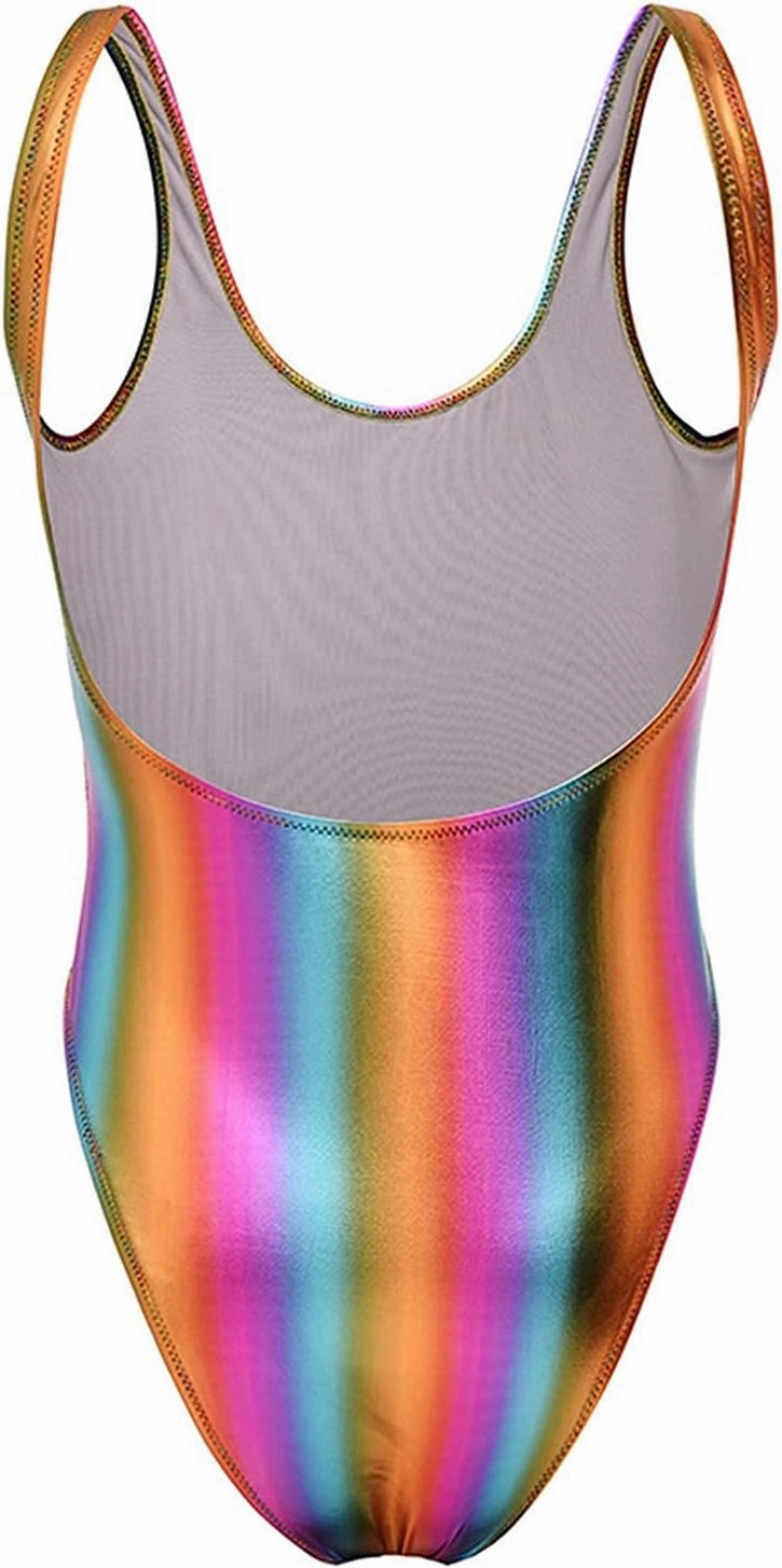 Women's Retro 80s/90s Metallic Shiny Gymnastics Backless High Leg Cut Dance Wear Bodysuit One Piece Swimwear Bathing Suits