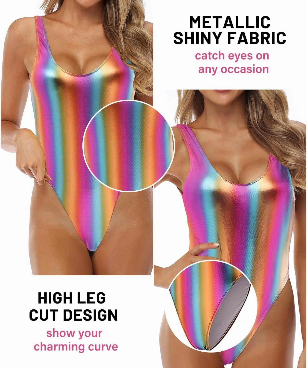 Women's Retro 80s/90s Metallic Shiny Gymnastics Backless High Leg Cut Dance Wear Bodysuit One Piece Swimwear Bathing Suits