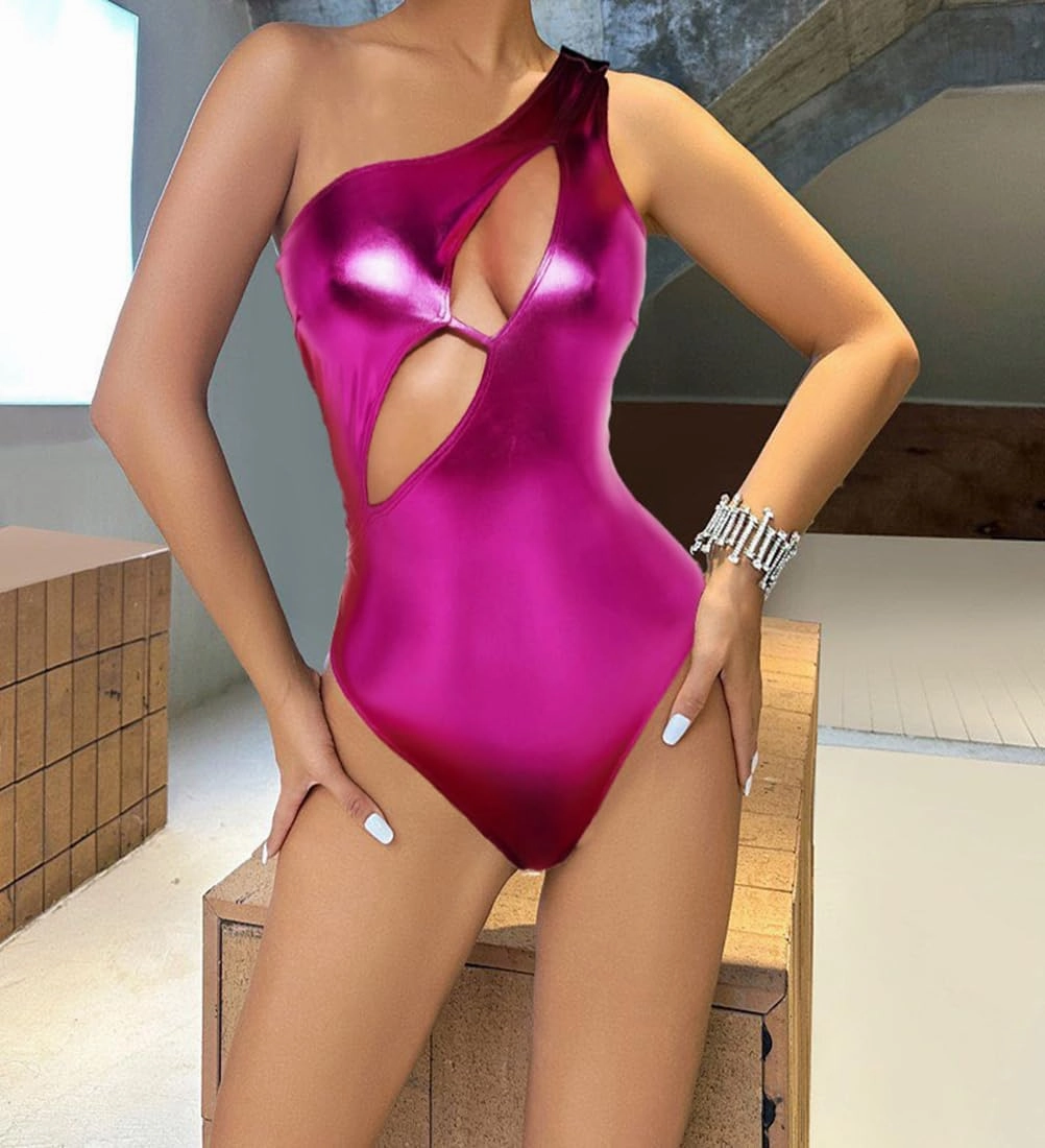 Women's Silver Metallic Liquid One Piece Bodysuit Cut Out One Shoulder Leotard Tank Top Rave Outfit