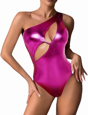 Women's Silver Metallic Liquid One Piece Bodysuit Cut Out One Shoulder Leotard Tank Top Rave Outfit
