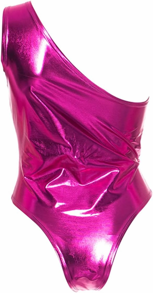 Women's Silver Metallic Liquid One Piece Bodysuit Cut Out One Shoulder Leotard Tank Top Rave Outfit