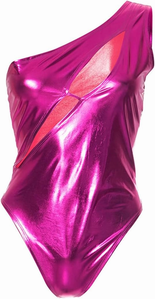 Women's Silver Metallic Liquid One Piece Bodysuit Cut Out One Shoulder Leotard Tank Top Rave Outfit