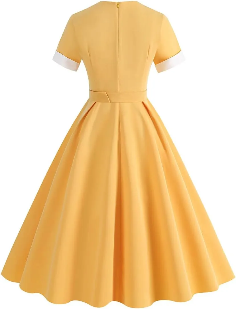 Women's 1950s Retro Dress Short Sleeve Swing Midi Dress Cocktail Dress 50s Style Dresses for Women Vintage