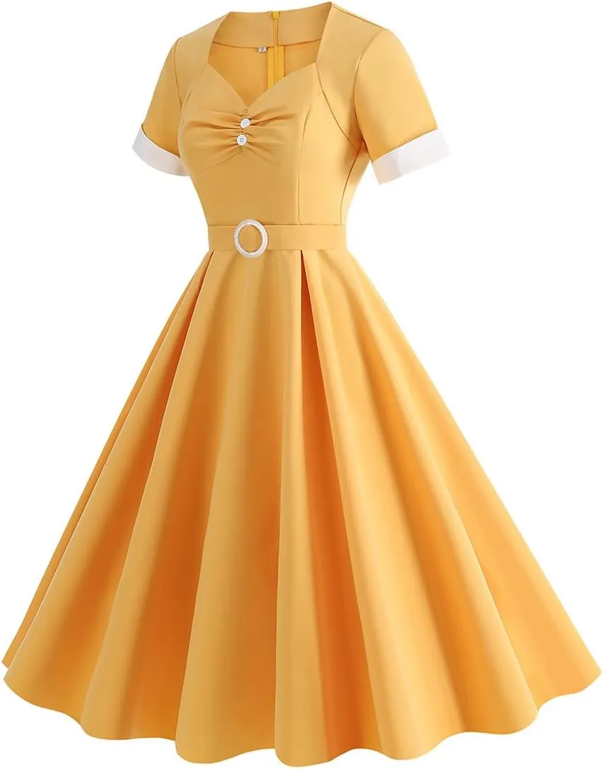 Women's 1950s Retro Dress Short Sleeve Swing Midi Dress Cocktail Dress 50s Style Dresses for Women Vintage