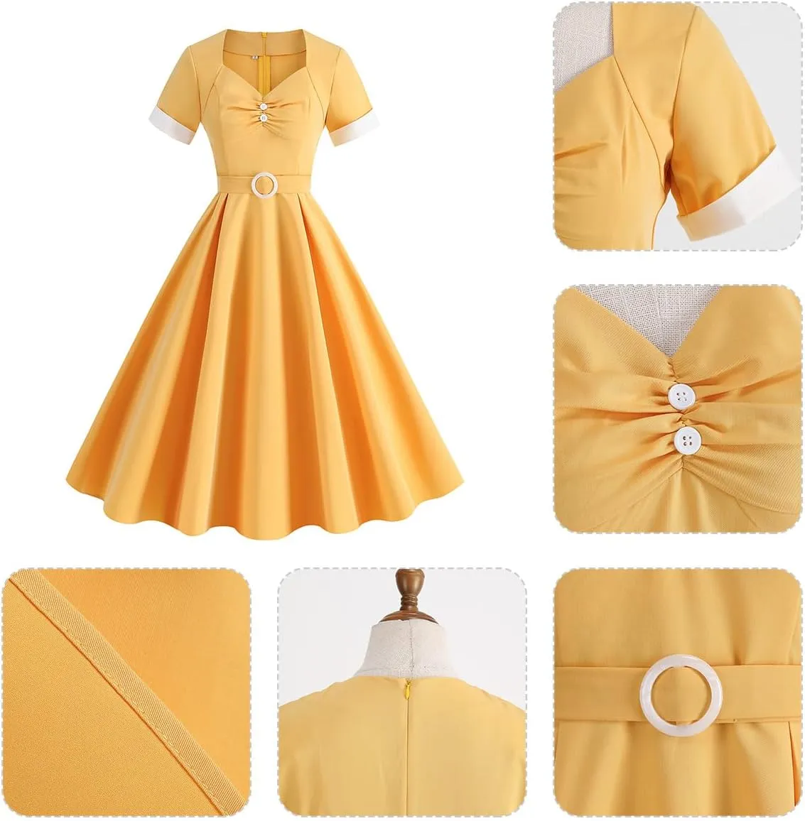 Women's 1950s Retro Dress Short Sleeve Swing Midi Dress Cocktail Dress 50s Style Dresses for Women Vintage